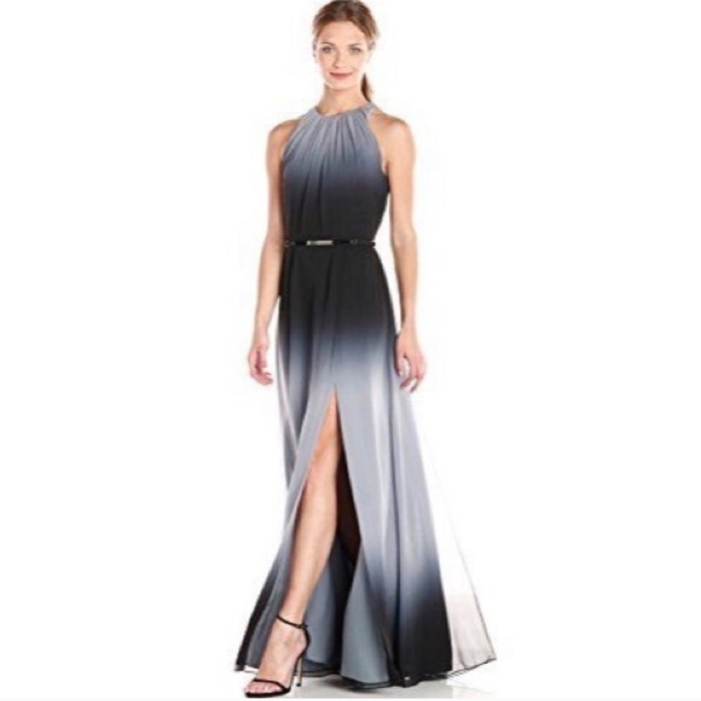 Halston Heritage Belted Ombre Maxi Dress Black Gray Sleeveless Gown Formal 4